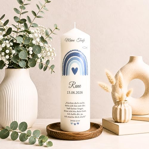 Taufkerze personalisiert für Jungen Regenbogen Blau, perfekt als Patengeschenk – individuell mit Namen und Spruch gestaltet. Ein außergewöhnliches und einzigartiges Taufgeschenk zur Kommunion.