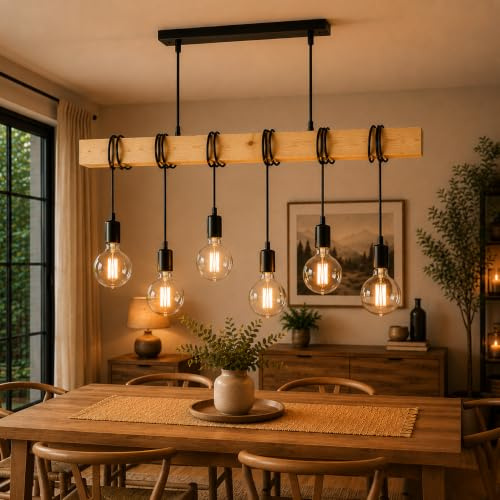 ONSSI Lámpara Colgante de Techo Vintage de Madera, 6×E27 (Sin Bombillas), Cable Ajustable, Estilo Rústico e Industrial para Comedor, Bar, Cafetería y Restaurante