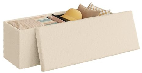 WOLTU sittbänk med förvaringsutrymme, för vardagsrum sovrum hall, sittpall hopfällbar sittkista, tillverkad av teddyfleece, 110 x 38 x 38 cm, beige