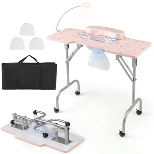 RELAX4LIFE Table Manucure Pliante avec Aspirateur | Table Manucure Pliable sur roulettes | Portable avec Sac | Lampe LED USB | Coussin de Poignet Amovible | Sac à Poussière | Motif Marbre (Rose)