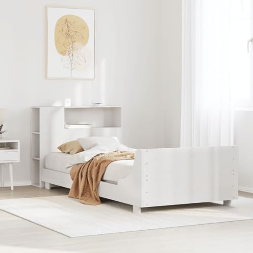 Ordellia Massivholzbett Weiß 90x200 cm, Kiefernholz Bettrahmen mit Lattenrost, 4 Ablagen, Stauraum für Schlafzimmer, Möbel