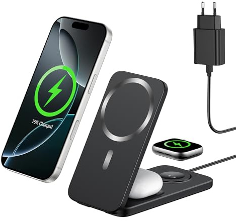 XNYAND Cargador 3 en 1 Apple Compatible con MagSafe, Cargador Inalámbrico Magnético Plegable 15W para iPhone 17/16/15/14/13/12, Cargador iPhone y Apple Watch con AirPods, Base de Carga Rápida
