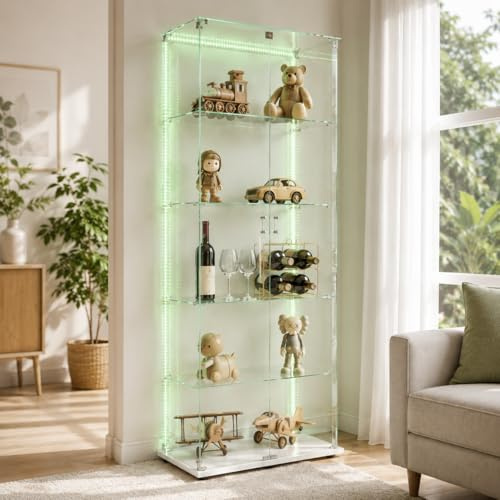 WOBOPCG Vitrinskåp i glas, 5 våningar, 2 dörrar, glasvitrinskåp, stående LED-lampor, glasskåp lämplig för vardagsrum, sovrum, kontor och barer, vit