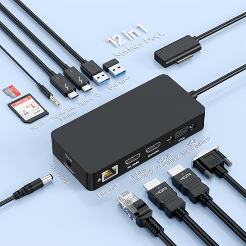 2026 New Surface Dock, 12-in-1 Surface Docking Station Triple Displays Dual HDMI 4K@60HZ+VGA, Surface Pro Docking Station for Surface Pro 11/10/9/8/X/7/6/5/4/3, Surface Book, Laptop, Surface Go Dock