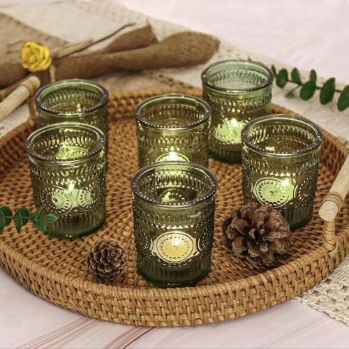 12-teiliges Set grüner Teelichthalter aus Glas – enthält Kerzenhalter in DREI verschiedenen Mustern, Größe 7 x 6,5 cm, im modernen Boho-Stil, ideal für die Wohnraumdekoration, Hochzeiten und Partys