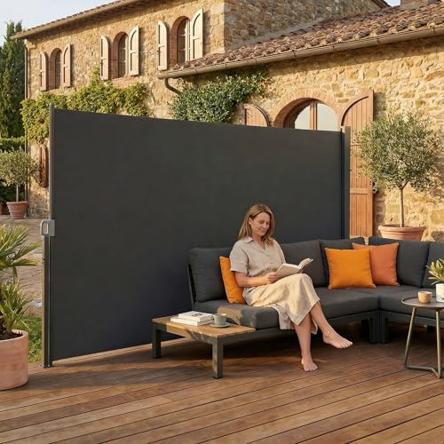WoRaum Paravent Extérieur Rétractable 180x300cm – Brise-Vue Rétractable & Store Latéral avec Tissu Polyester 180g/m², Protection Solaire & Intimité, INCL. Fixations (Anthracite)