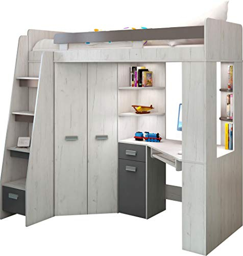 High Sleeper Bed with Desk, Wardrobe and Shelves - Space Saving Loft Bed - Furniture Set for Kids (120x204x190 cm) - 80x200 cm Mattress - Left Side Steps - ANTRESOLA (Craft-White/Graphite)