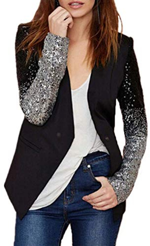 Onsoyours Blazer Femme Chic Brillant Paillettes Cardigan Blouson Manche Longue Mode Élégant Veste de Tailleur Veste Habillée Femme A Noir 42