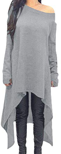 ZANZEA Vestido de Punto asimétrico de Manga Larga Suelta de Invierno Casual Sexy para Mujer Talla Grande 01-Gris Claro XL