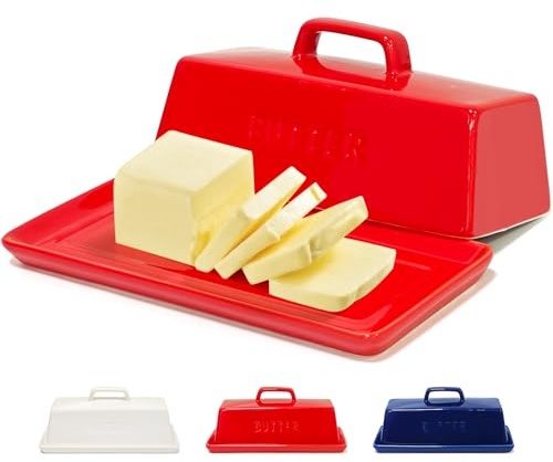 Gute Butter Dish with Lid for Countertop, Covered Ceramic Butter Dish, Butter Tray Storage for 1 Stick of Butter, Butter Keeper Container with Handle for Kitchen, Red