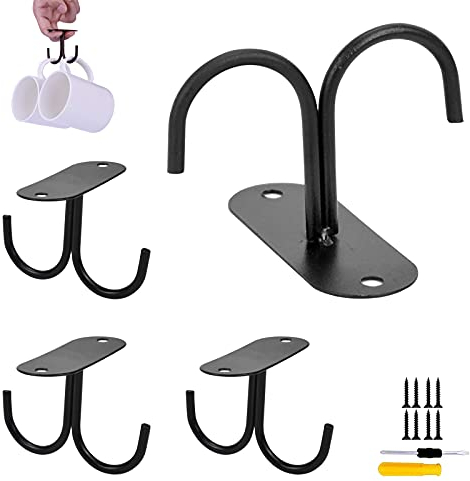 GZcaiyun 4 STK Tassenhalter,2 Haken Multifunktionales Metall Kaffeetasse Halter für Kaffeetasse Biergläser und Küchenutensilien mit 8 Schrauben und Schraubendreher(Schwarz)