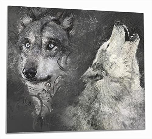 Wallario Herdabdeckplatte/Spritzschutz aus Glas, 2-teilig, 60x52cm mit 8mm hohen Füßen, für Ceran- und Induktionsherde, Zeichnung von Wölfen