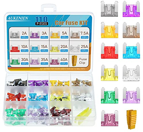 AUKENIEN Micro Car Fuses Assorted 11 Values 110pcs Micro Blade Auto Fuse Kit 2A 3A 5A 7.5A 10A 15A 20A 25A 30A 35A 40A Motorcycle Automotive Replacement Fuses Mixed and 1pc Fuse Clip