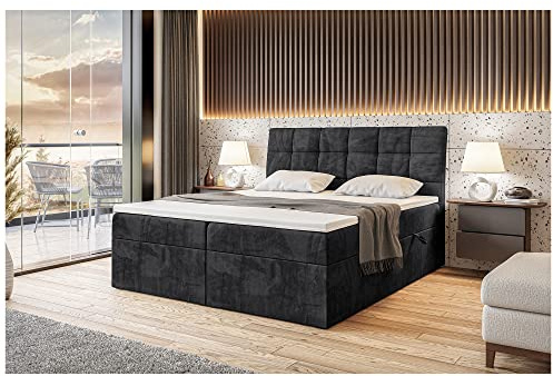 MEBLINI Boxspringbett mit Bettkasten - Gepolstert Doppelbett mit Matratze und Topper - Polsterbett mit Stauraum - Bett mit Kopfteil - Stauraumbett - Drago - 180x200 - H3/Schwarz Samt