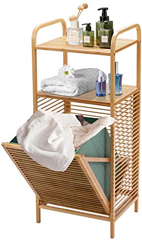RELAX4LIFE Bamboo Laundry Basket, Tilt-Out Laundry Hamper with Removable Waterproof Liner, Freestanding Storage Laundry Bins Storage Shelf for Bathroom Laundry Room & Bedroom (2-Tier Shelf)