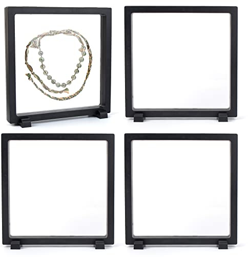 Framendino, 4 Pack Black 3D Floating Frame Display Case 7 x 7 x 0.8 Holder Stands Jewelry Storage Box for AA Medallion Shells Gems