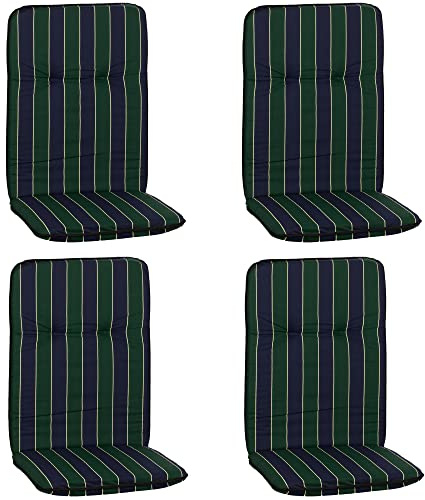 NYVI Hochlehner Auflagen Hawaii 4er Set - 114x47 cm Blau Dunkelgrün Gestreift - Gartenmöbel Auflage mit 5 cm Polster und Gummi-Halteband