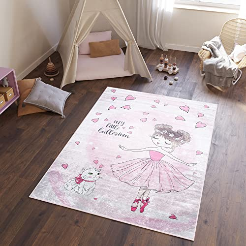 TAPISO Emma Teppich Waschbar bei 30 Grad Rosa Ballerina Katze Herzen bedruckter Kinderteppich Antirutsch Kinderzimmer Jugendzimmer Modern ÖKO-TEX 120 x 170 cm