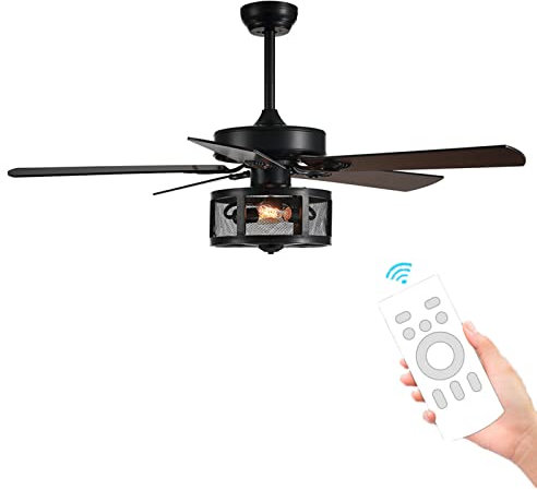 Ceiling Fan 50in Indoor Fan with Light, E26 Caged Industrial Ceiling Fan with Light and Remote Control,Industrial Room Fan with 5 Blades,Matte Black