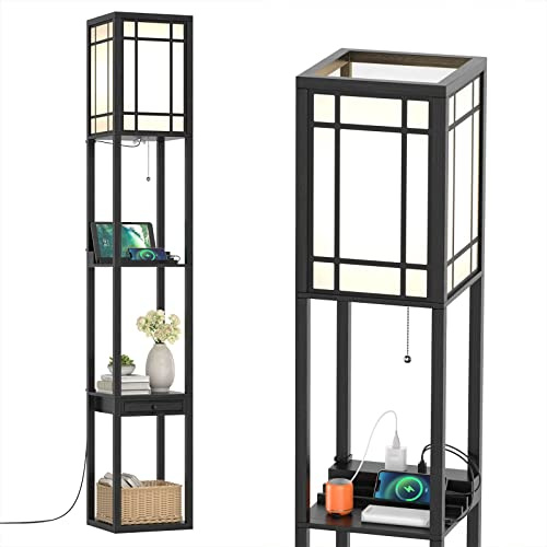 HOMASIS Lámpara de Pie Con 3 Estantes y Cajón, 2 Puertos USB, E27 de Madera Para Salón, Dormitorio, Estudio - 26x26x160,5 cm, Negro (Geométrica)