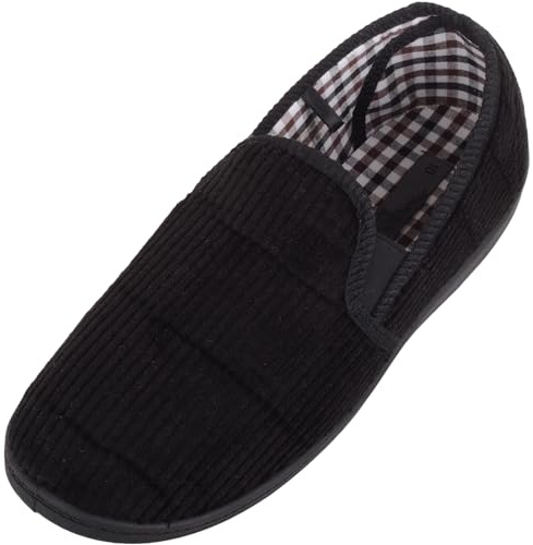 ABSOLUTE FOOTWEAR Mens Slip On Wide Fitting Winter Slipper, Twin Gusset, Black, UK 9