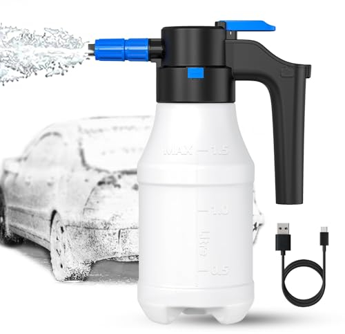 DKIIL NOIYB Elektrischer Schaumsprüher mit USB und 2300mAh Akku, 1.5L Elektrischer Drucksprüher für Autowäsche, 75° Weitwinkel Sprühflasche Reinigungsmittel für Haus/Garten/Autopflege (A-Weiß)