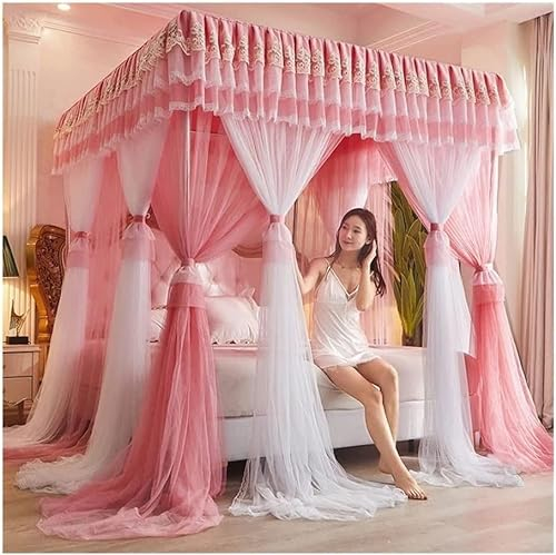 GLMGBP 4 Ecken Pfosten-Himmelbett-Vorhang, Prinzessin, bestickte Spitze, Rüschen, Betthimmel, Betthimmel-Vorhang für Mädchen und Erwachsene, Doppellagiges, durchsichtiges Mesh-Moskitonetz