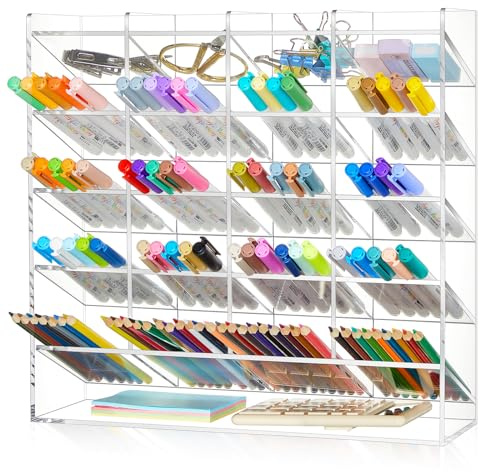 MotiMind Acrylic Pen Organizer Storage for 250 Markers Vertical Marker Organizer Acrylic Pen Display Holder for Office Desk Desktop Stationery Pencil Storage, Clear, 13 x 4 x 12.4 Inch