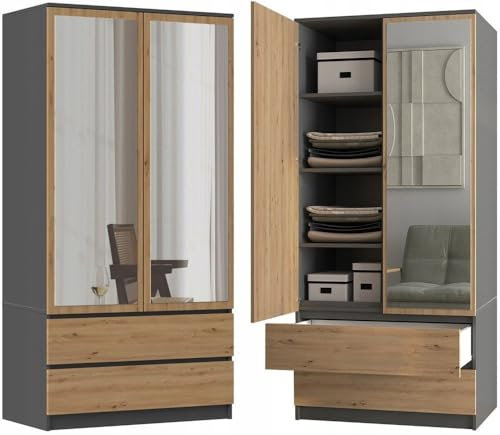 Ibonto Kleiderschrank 90x180x50 cm – Mehrzweckschrank mit 2 Spiegeln, 2 Schubladen & Kleiderstange, Tip-ON Türen, Holzwerkstoff (16 mm), Anthrazit/Artisan Eiche