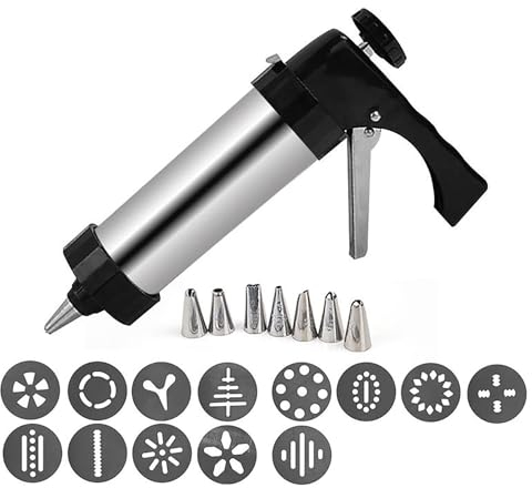 Fonyiunce Gebäckspritze, Edelstahl-Gebäckpresse, Edelstahl-Gebäckpresse mit 13 Vorlagen und 8 Düsen, Teigspritze Tragbare Gebäckpresse, DIY-Kekspresse, Kuchen, Keksbackzubehör