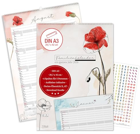 TOBJA Familienkalender 2026 5 Spalten mit 300 Stickern - A3 Aquarell Design Familienplaner 2026 XXL | Familienkalender 2026 6 Spalten für 5 Personen