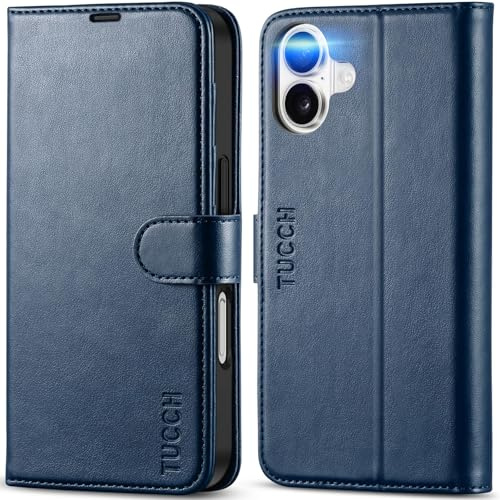 TUCCH Wallet Case with 4 Card Slots for iPhone 16 (6.1), Dark Blue | RFID Blocking, Kickstand, Shockproof TPU, Premium PU Leather, Magnetic Closure, Folio Flip Folding Cover