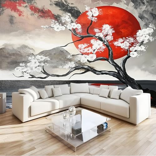 Papier Peint Panoramique Style Japonais Fleurs De Cerisier Soleil Rouge 350x256 cm Poster Geant Mural, pour Salon Chambre Chambre D'enfants Restaurant Décoration Murale