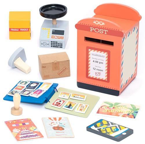 UMU® Holz Post Spielset - inkl. Briefkasten, Briefmarken, Postzubehör für Kinder ab 3 4 5 6 Jahren, Pädagogisches Holzspielzeug für Rollenspiele, Fördert Kreativität
