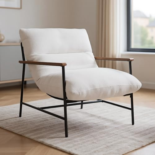 chairus Fauteuil Salon Confortable Chaise Longue Chaise de Salon en Fausse Fourrure Fauteuil Relax avec Cadre Métallique (Blanc)