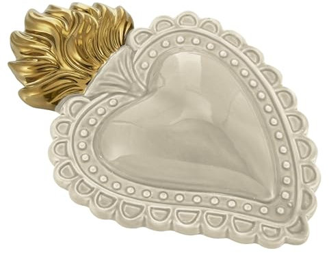 Baroni Home Cuore Sacro Ex-Voto in Ceramica Dipinta a Mano con Fiammella, Arte Sacra Tradizionale, Decorazione da Parete per la Casa, Panna, 16x11 cm