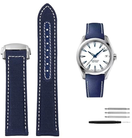 KAVJU Hochdichtes Nylon-Lederarmband für Omega New Seamaster 300 Super Master AT150 Stoffleder AQUA TERRA Herrenarmband 19 mm 20 mm(Black White Silver B,19mm)