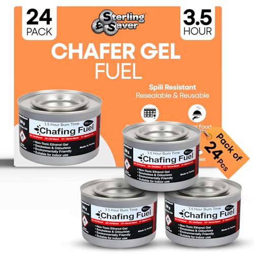 SterlingSaver Pack of 24 Chafing Dish Fuel Gel Cans 3.5 Hours | Odourless Heat Source Buffet Food Warmers for Indoor and Outdoor Use | 210 Mins Long Burn Time for Parties and Catering Events