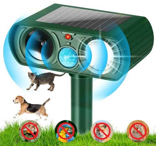 Ultrasonic Solar Cat Repeller for Garden, Outdoor Animal Repellent, Marten Deterrent with LED Flash, IPX4 Waterproof, Up to 6-8 m Range, for Cats, Dogs, Birds, Mice, Martens