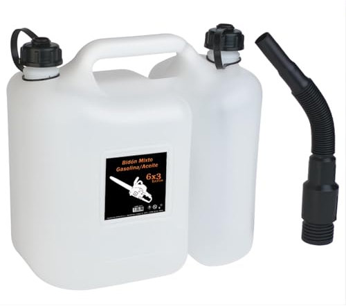Bricoloco Bidón Mixto Gasolina + Aceite 6 x 3 litros – HDPE plástico – Incluye boquilla flexible – Garrafa Aceite y gasolina