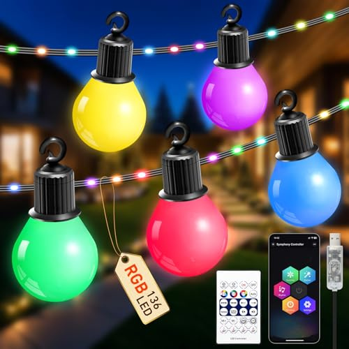Taormey Guirlande lumineuse LED USB - 20 m - RVB - Ampoules G40 avec minuterie - Étanche IP67 - Pour extérieur, balcon, jardin, mariage, fête