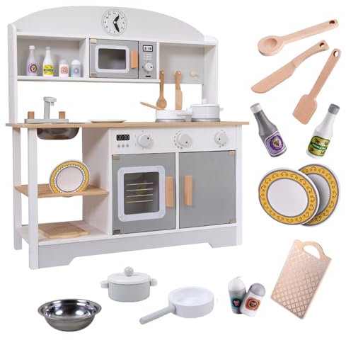 Cucina giocattolo in legno. Cucina giocattolo per bambini +3 anni, con forno, lavello, microonde, piano cottura e 12 accessori, gioco educativo Montessori (72x68x26 cm)