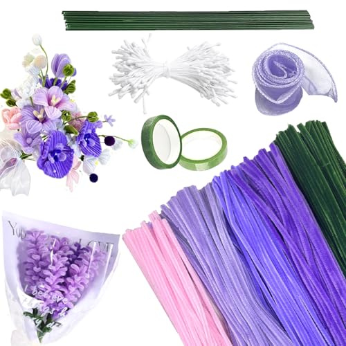 pangdapengpeng 400 Stück Pfeifenreiniger Bastelset | Pastellfarben zum Basteln mit Blumendraht, Kreppband, Trapezförmige Blumentasche Set für Kreative DIY Blumensträuße