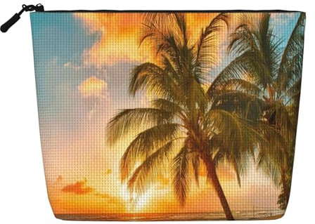Water-Resistant Cosmetic Pouch Organizer for Women Travel, Makeup Bag with Zipper, Lightweight Daily Essentials Pouch for Toiletries Storage, Sunset Hawaiian Palm Tree Fake Hemp Makeup Bag
