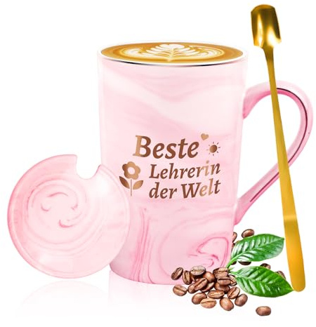 ANKUOFUA Present jul för bästa lärare kopp, bästa lärare i världen kaffekopp, avskedspresent till favoritlärare, tackpresent till lärare, 400 ml rosa kopp med lock, sked