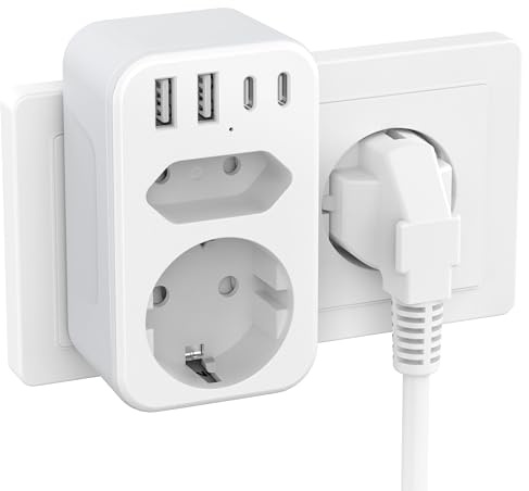 Doppelstecker für USB Steckdose, JSVER Steckdosenleiste 2 Fach Netzstecker, Steckdosenadapter (3680 W, 16 A) Mehrfachstecker mit 2 USB-A und 2 USB-C für iPhone, iPad und Tablets(Weiß)