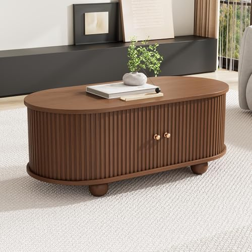 Soweiz Mueble para TV de salón con espacio de almacenamiento + tablero de fibra de densidad media redonda de grano de madera, 2 cajones, armario bajo con puertas telescópicas, nogal, apto para 75