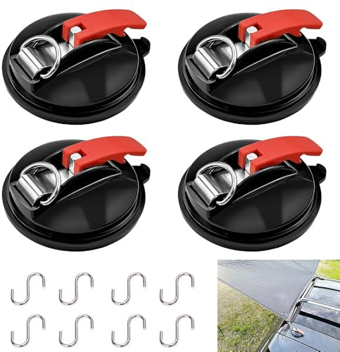 SKJJM 4 Stück Saugnäpfe mit 8 Stück Hakens,Saugnapf Haken, Starke Adsorption Kapazität Anwendung, Max Tragfähigkeit 40KG für Camping Wohnmobil Luggage Planen Auto Spanner Haushalt Wohnmobilausstattung