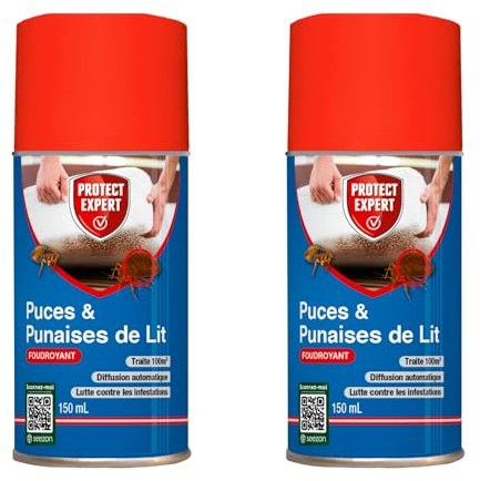 PROTECT EXPERT 2 Aérosols Anti-Punaises de Lit & Puces - 2x150ml | Foudroyant - Diffusion Automatique - Traite 100m³ - Efficace Contre Les Infestations - PUPA150NX2