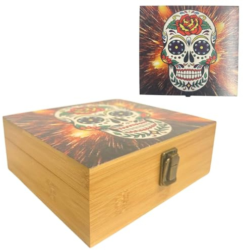 Smoker Rolling Stash Box Large King Size Paper Tips Crusher Storage Solution for Accessories & Organization Natural Premium Bamboo Wood wooden bamboo box Christmas fathers day (Lighting Skull)